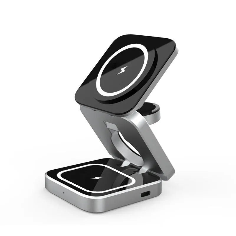 Three-in-one desktop wireless charging bracket with foldable stand and magnetic ring