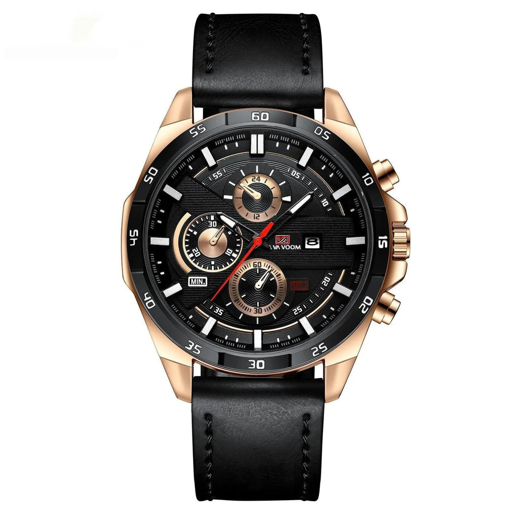 Men's business casual watch with calendar display on a leather strap, available in rose gold, silver, black, and brown colour options.