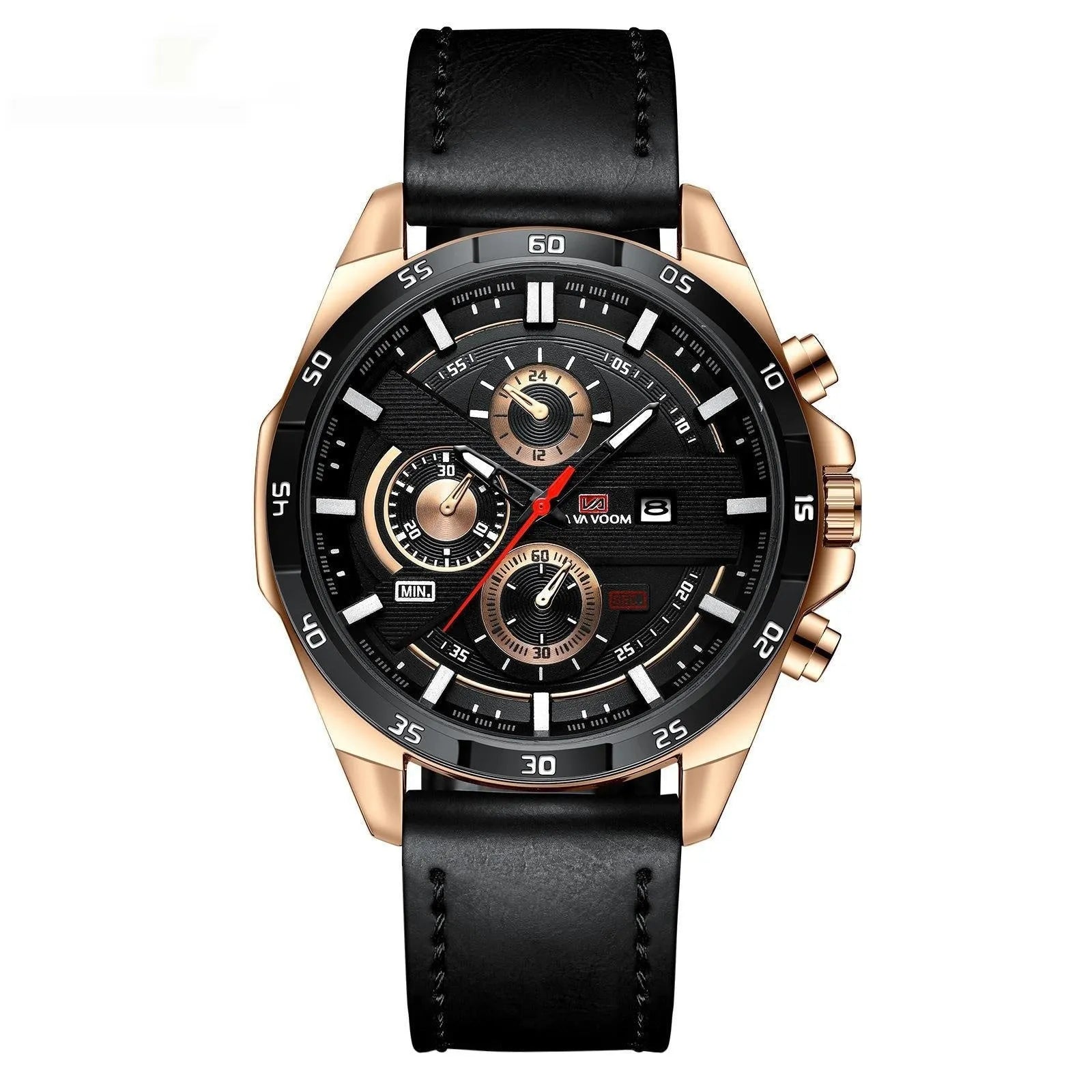 Men's business casual watch with calendar display on a leather strap, available in rose gold, silver, black, and brown colour options.