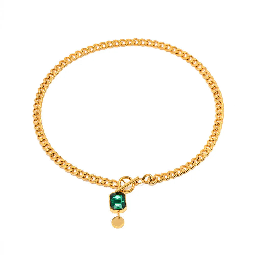 Gold titanium steel French retro necklace with emerald zircon geometric pendant on Cuban link chain