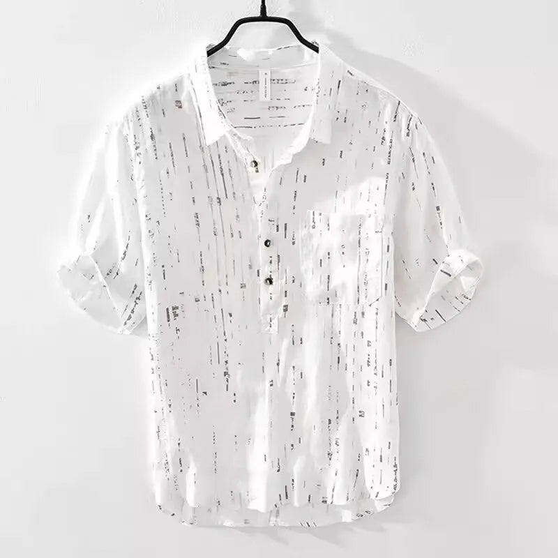 Men's loose fit summer polo shirt in white or black with lapel collar and short sleeves