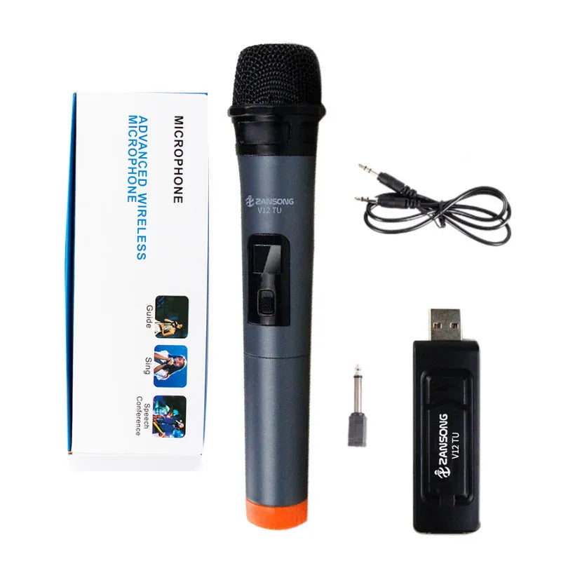 Black V12 dynamic wired microphone with USB receiver, adapter, and audio cable