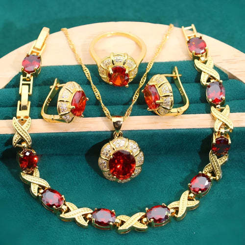 18k gold plated jewellery set with multi-colour cubic zirconia stones including necklace, earrings, ring, and bracelet