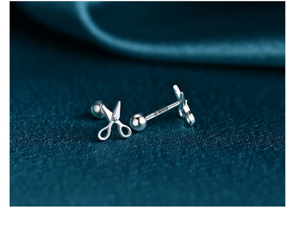 S999 pure silver screw-style ear nails with small scissors decoration on 8mm diameter studs