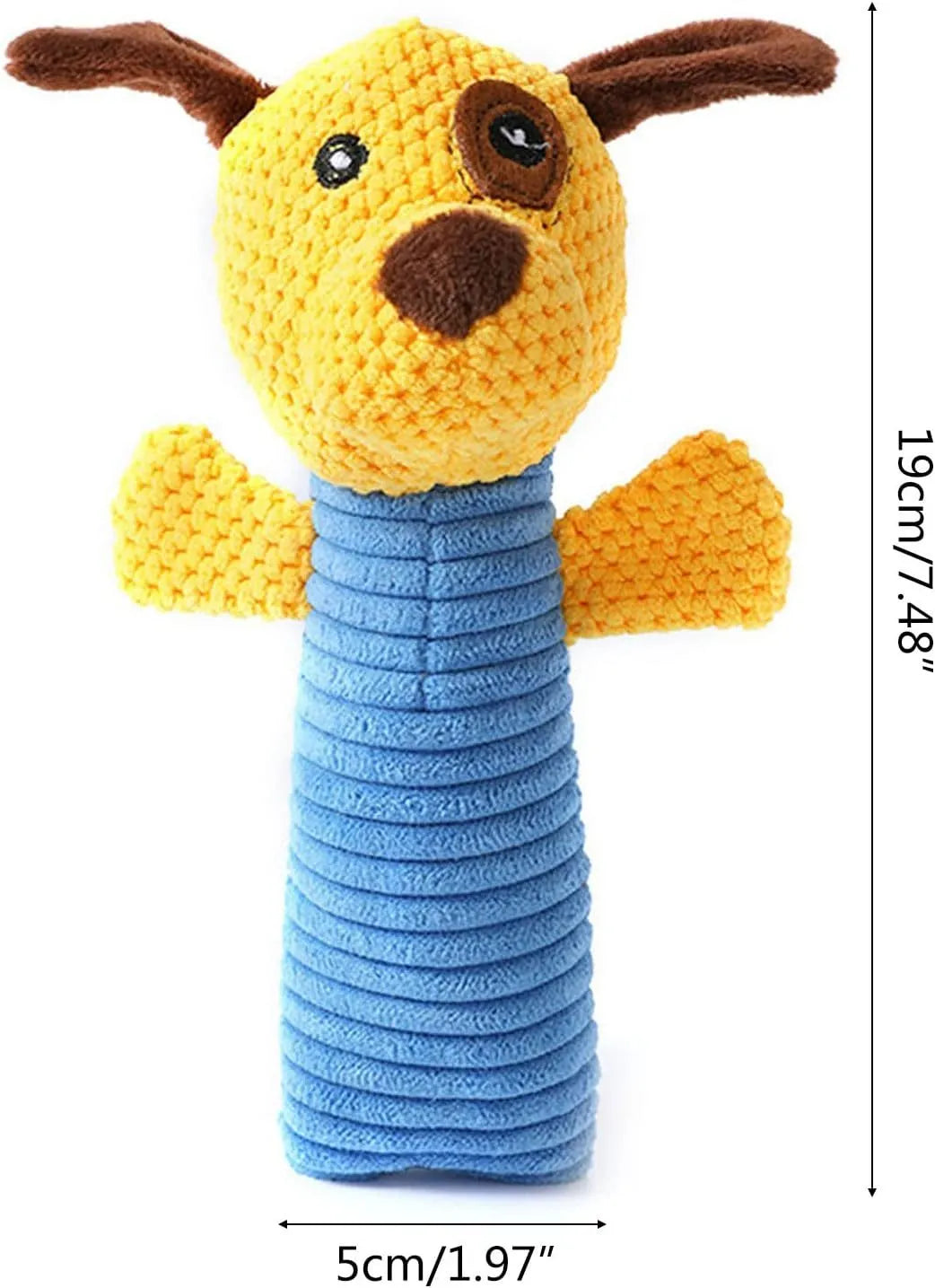 Squeaky stuffed animal dog chew toy for dental care, shown in calf, frog, or puppy design.