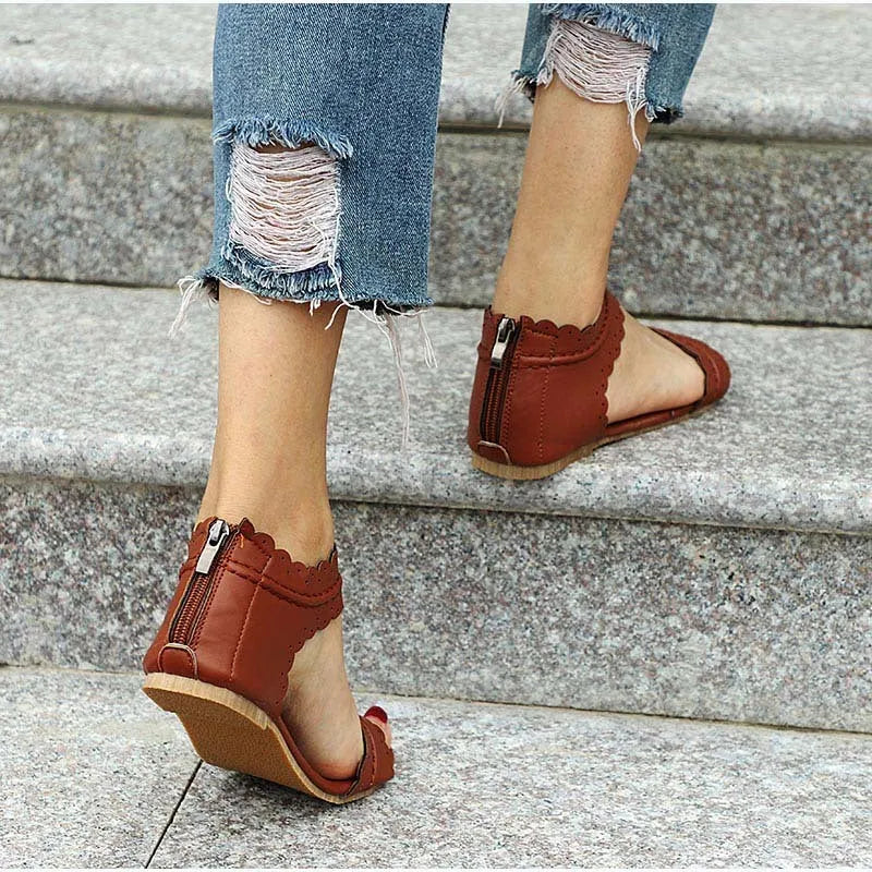 Ladies sandals with artificial PU upper and beef tendon sole, shown in black, brown, purple, and reddish brown colours.
