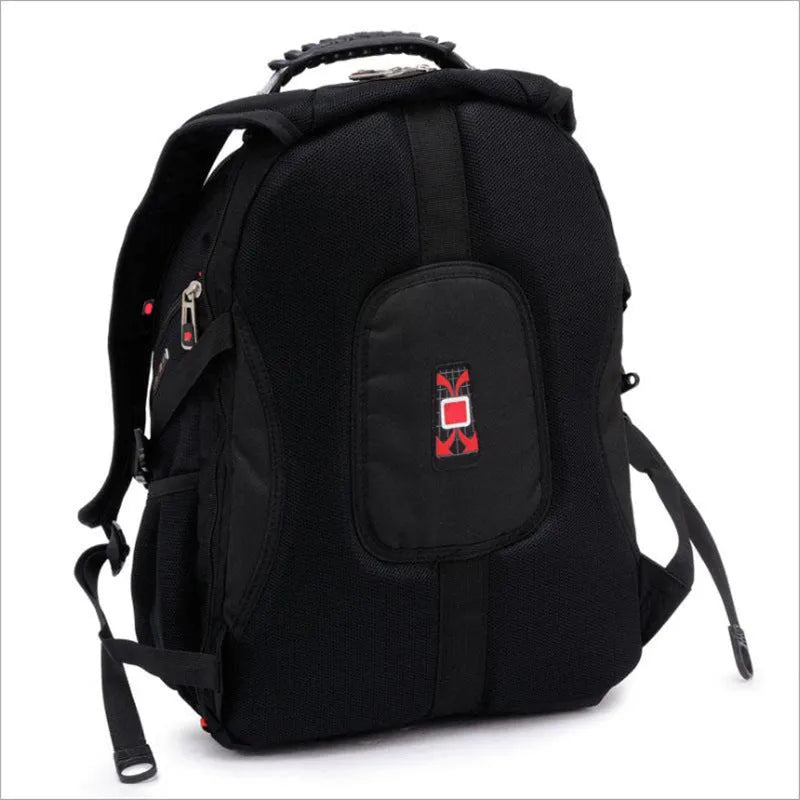 Black business laptop backpack open to show three internal compartments and laptop sleeve