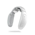 Small red and white handheld intelligent cervical massager on a grey background