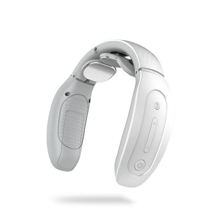 Small red and white handheld intelligent cervical massager on a grey background