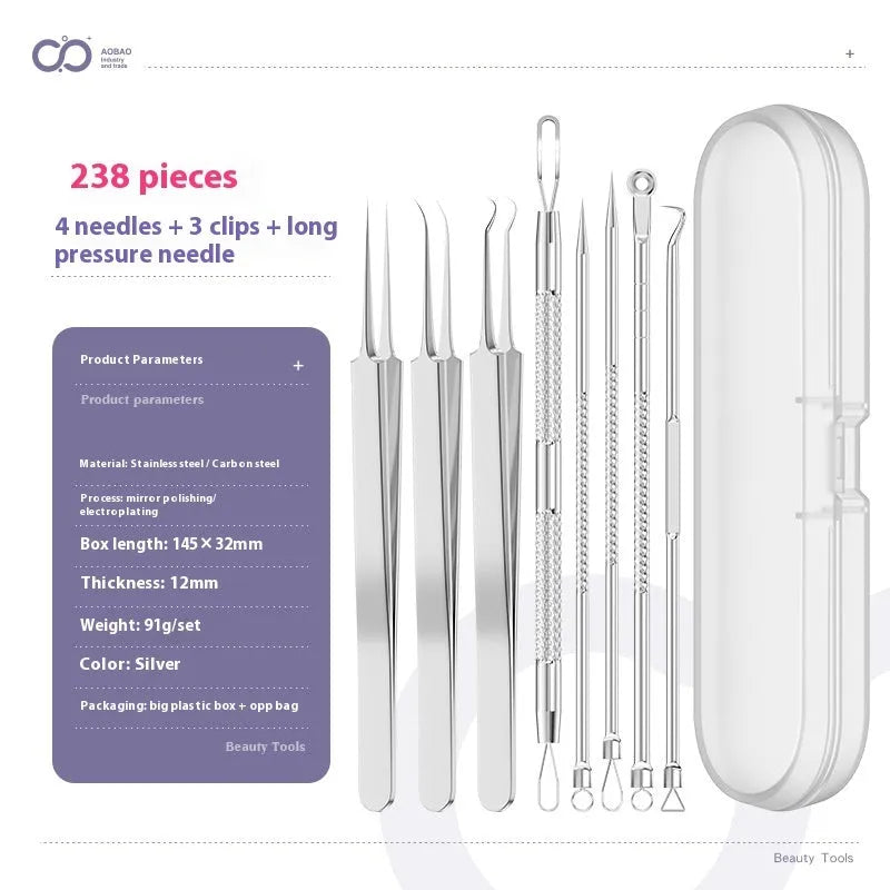 Four silver metal acne needles and a handling clip laid out on a clean surface.