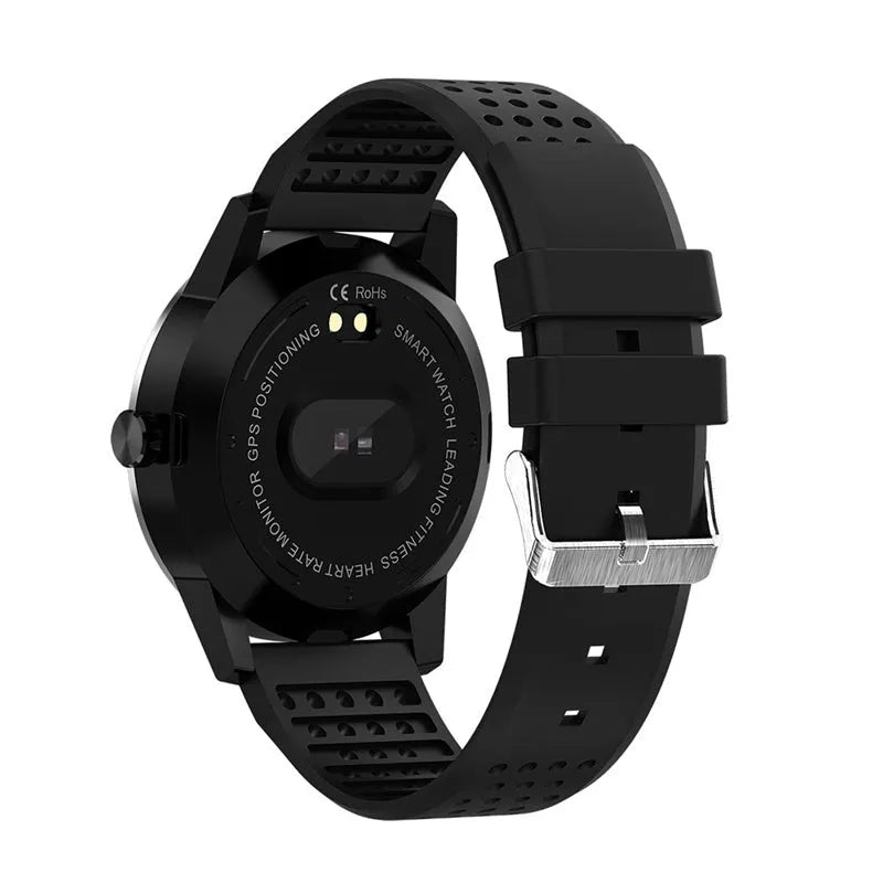 Black smart bracelet with colour screen displaying heart rate and fitness data on wrist