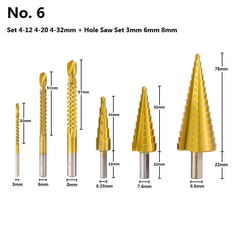 High speed steel step drill bit and centre punch set in metal case with size markings from 3mm to 32mm