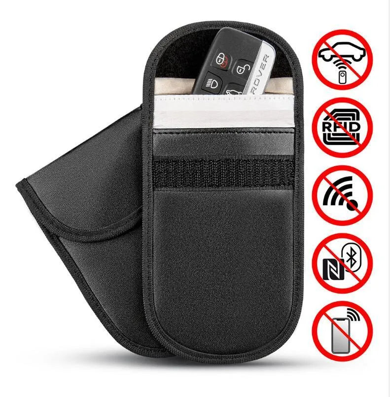 Black microfiber Faraday pouch for blocking mobile phone signals and shielding RFID cards.
