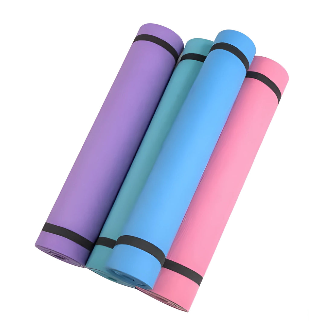 EVA yoga mat in blue showing textured anti-skid surface with thickness options