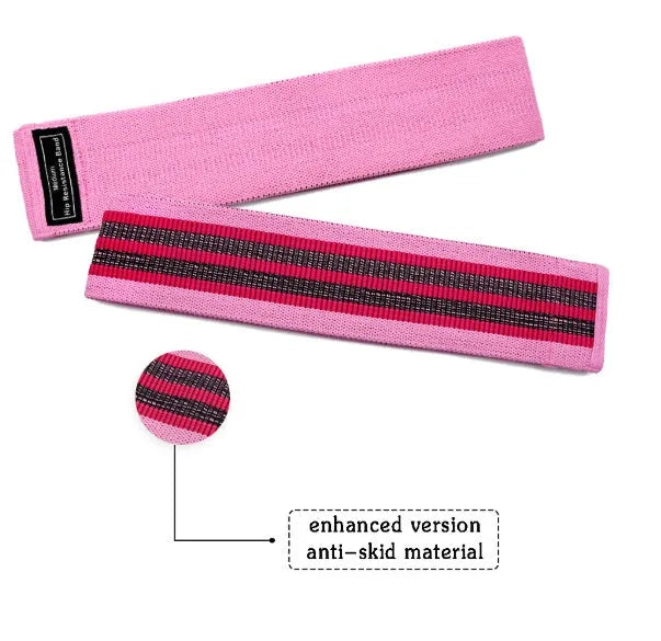 Three fabric resistance bands in lake blue, pink and purple colours with mesh storage bag