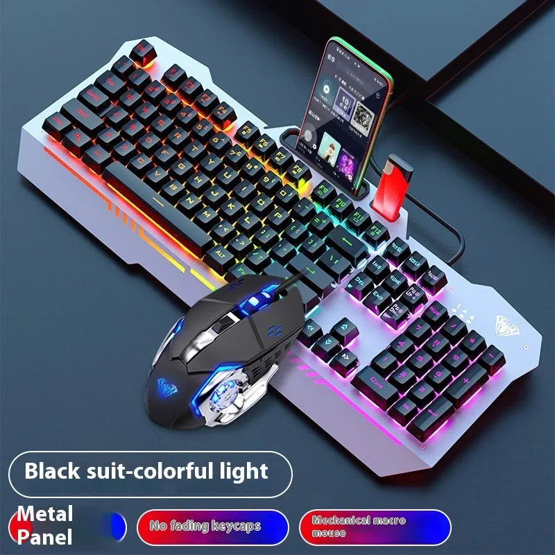 Black and white wired keyboard mouse and headset bundle with RGB LED backlighting on desk