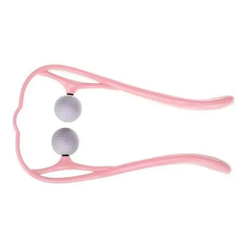 Blue manual neck massager hand roller with swan design and adjustable stand on a white background.