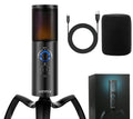 Black Q18 two directional condenser microphone with RGB breathing lamp, metal shell, and adjustable tripod bracket for USB recording