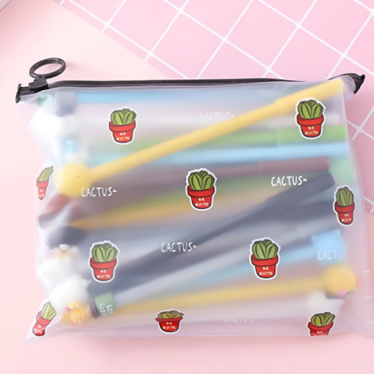 Marvel 20-pack of 0.5mm black ballpoint pens with cartoon cactus designs in a plastic storage case.