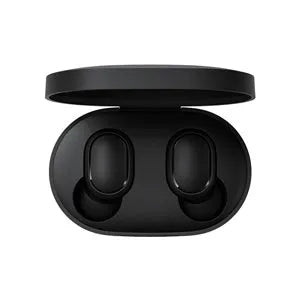 Black Redmi AirDots 2 true wireless earbuds and charging case on a white background.