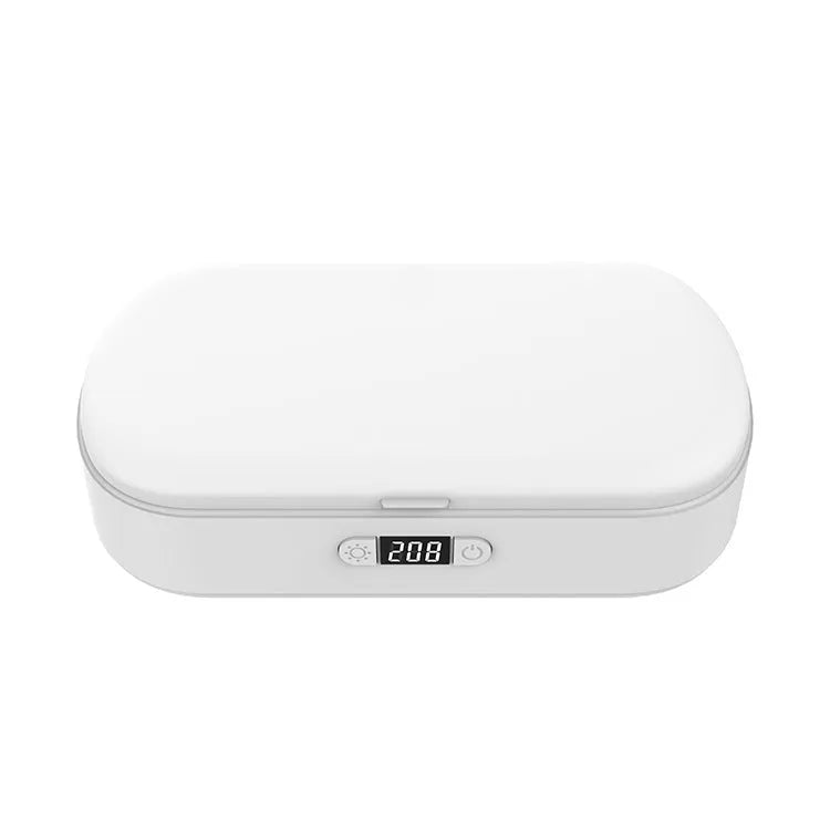 White wireless UV sterilizer box with ABS casing open to show interior for cleaning phones and jewellery