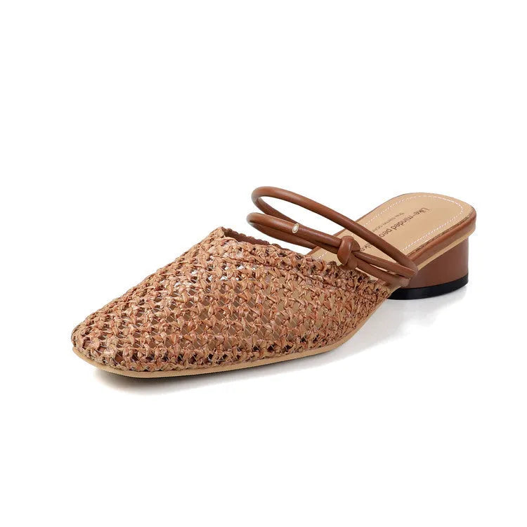Women's black French retro square toe slippers with hollow-out design and chunky mid heel