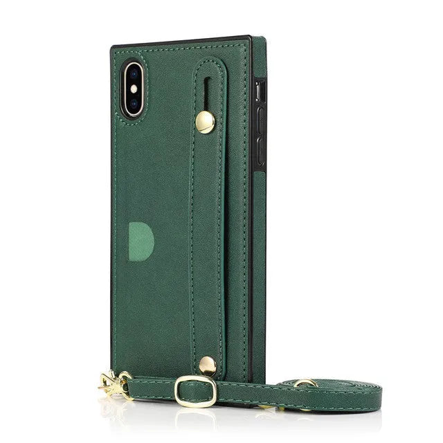 Leather iPhone case with card slots and wristband in black, red, rose gold, green or purple colours