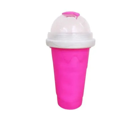 Blue double wall silicone cold shake cup with cylindrical shape and pinch activation for instant beverage cooling