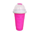 Blue double wall silicone cold shake cup with cylindrical shape and pinch activation for instant beverage cooling