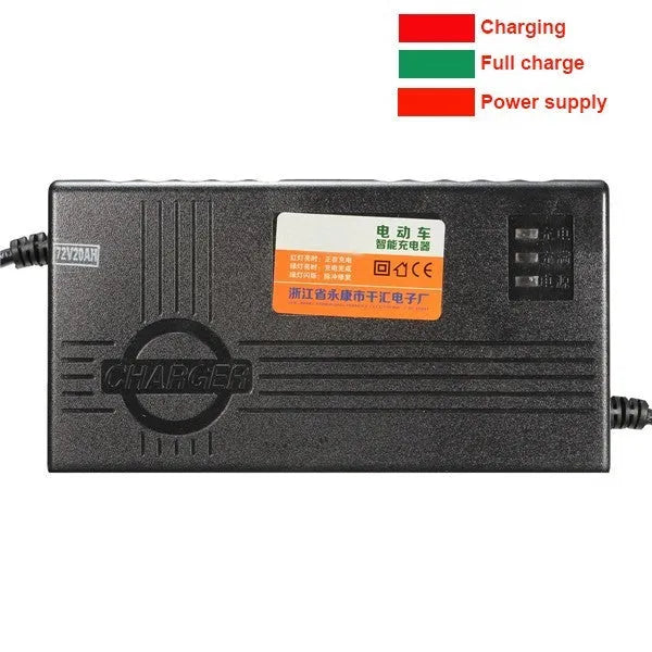 72V20AH electric car charger with aluminium housing showing dimensions and plug connections