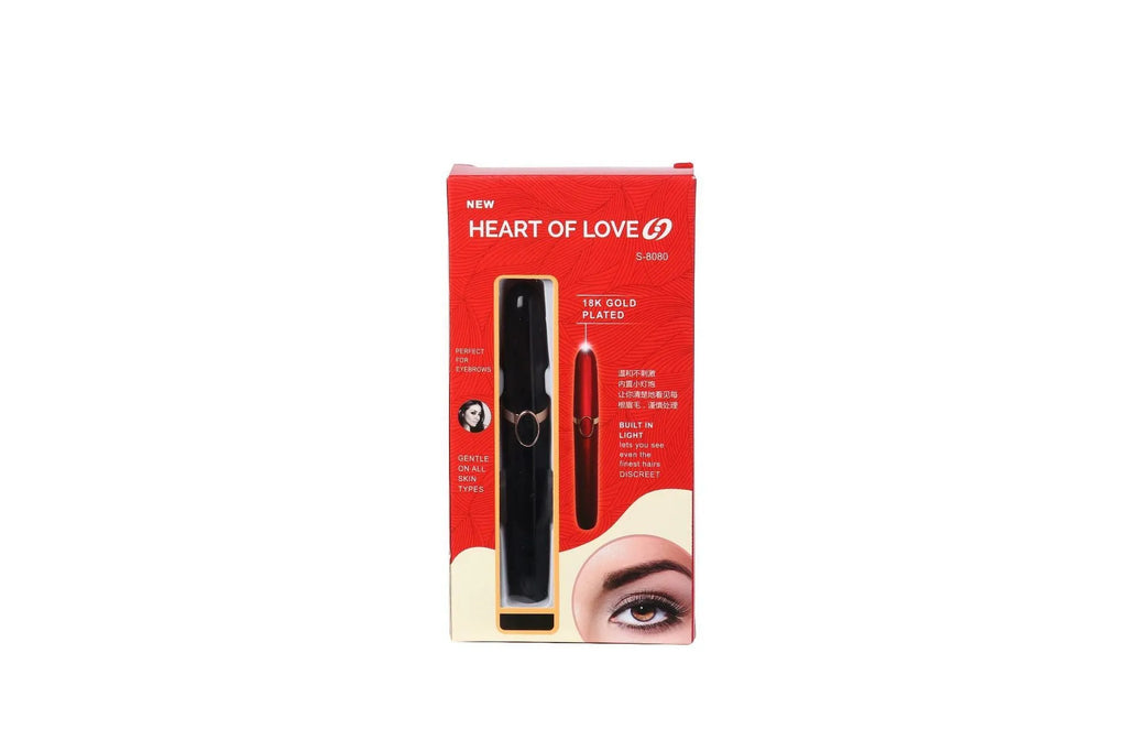 Multifunction eyebrow trimmer in white, black, or red, compact 10.5cm box size, standard or rechargeable version.