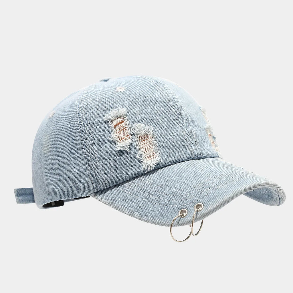 Men's adjustable denim peaked cap with dome crown in light blue jeans colour