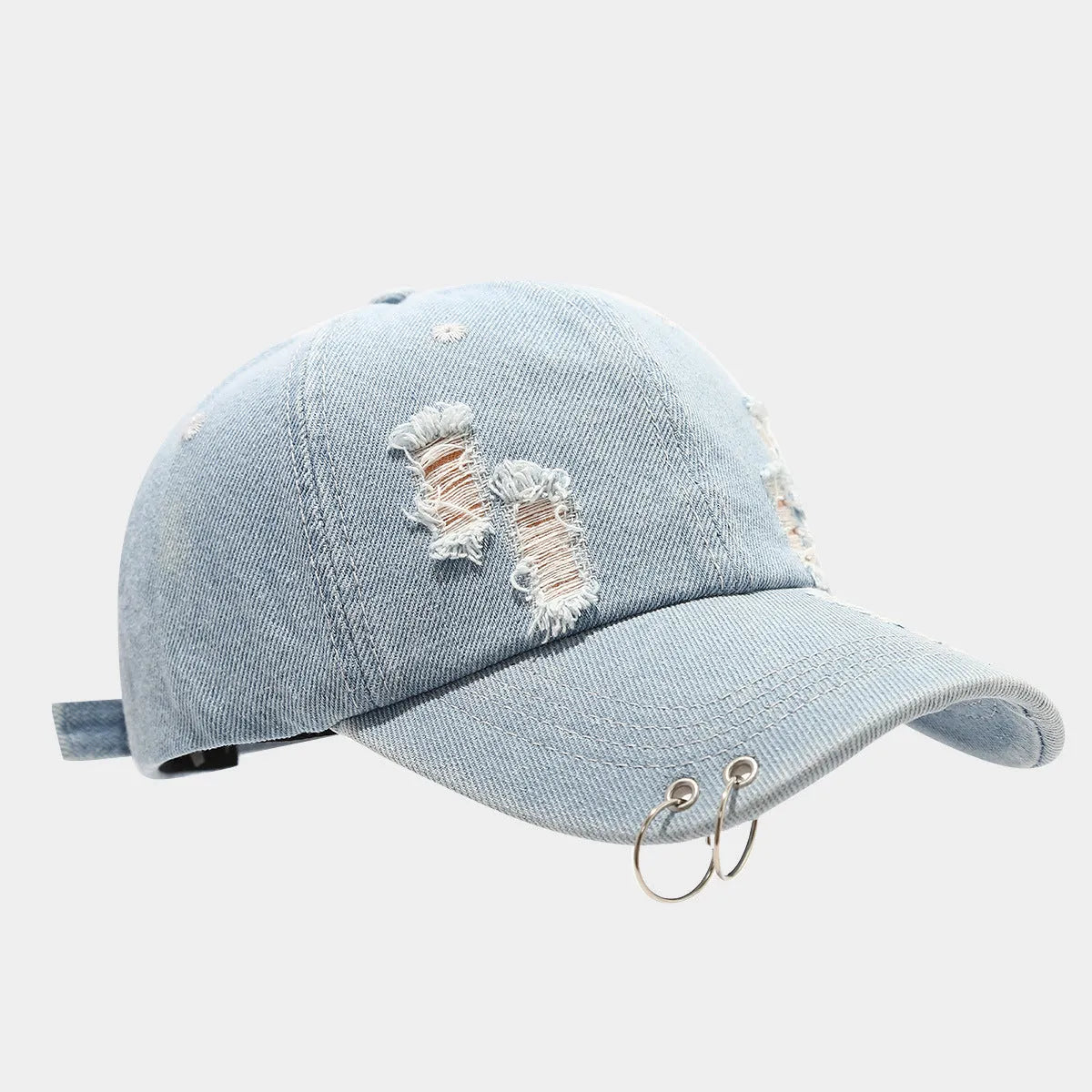 Men's adjustable denim peaked cap with dome crown in light blue jeans colour