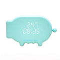 Blue multifunctional LED alarm clock displaying time and temperature on bedside table with USB cable.