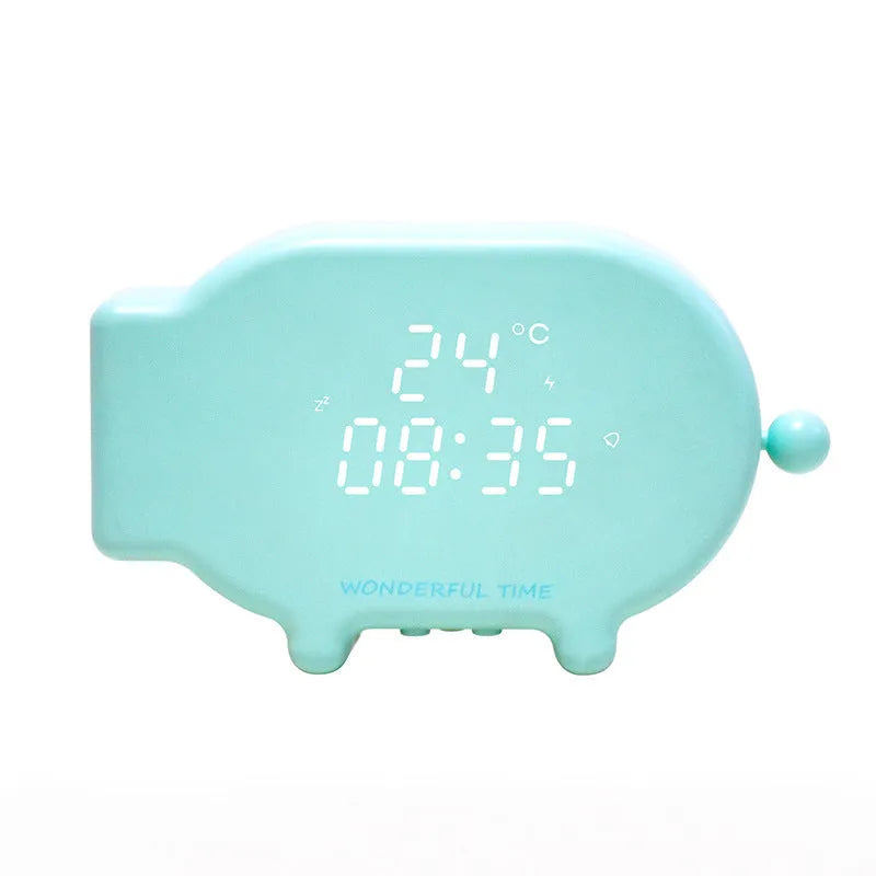 Blue multifunctional LED alarm clock displaying time and temperature on bedside table with USB cable.