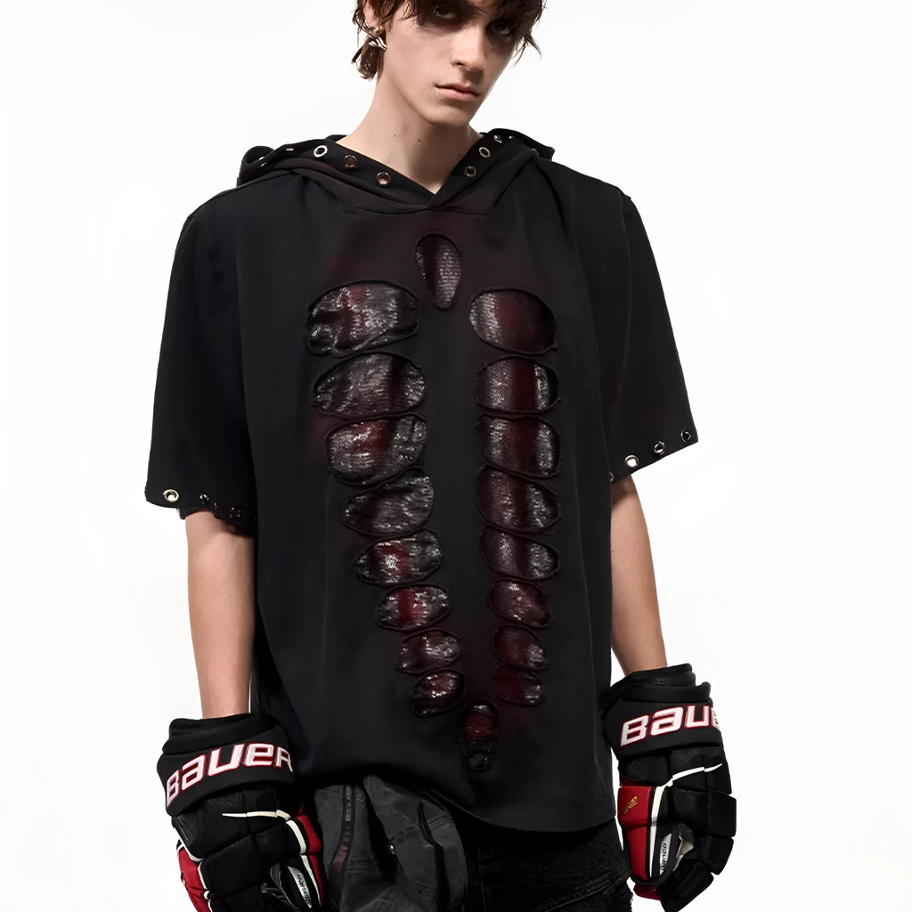Black men's hooded short-sleeve t-shirt with sequin details, shown in a loose fit.