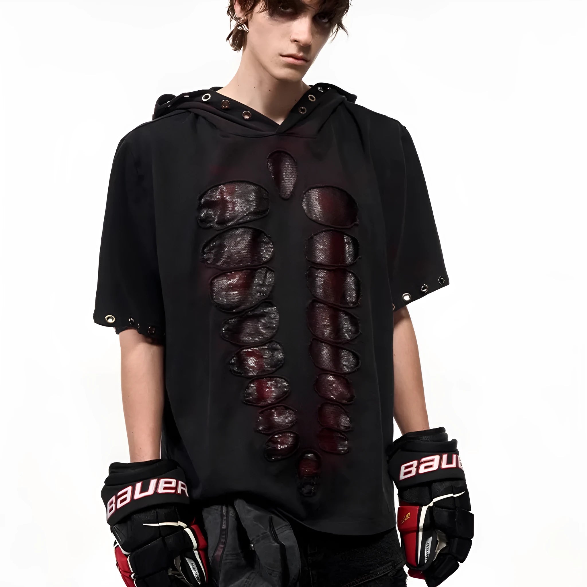Black men's hooded short-sleeve t-shirt with sequin details, shown in a loose fit.