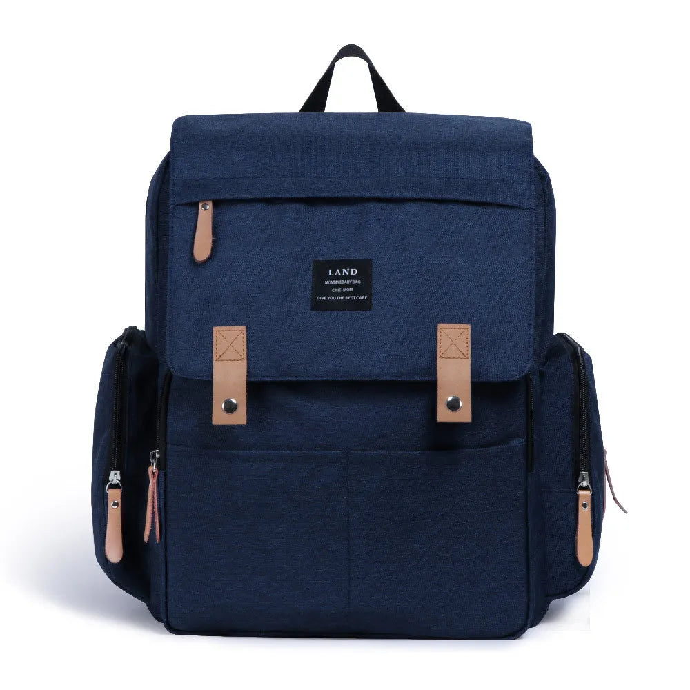 LAND grey Oxford cloth mum diaper backpack with changing mat, shown with dimensions