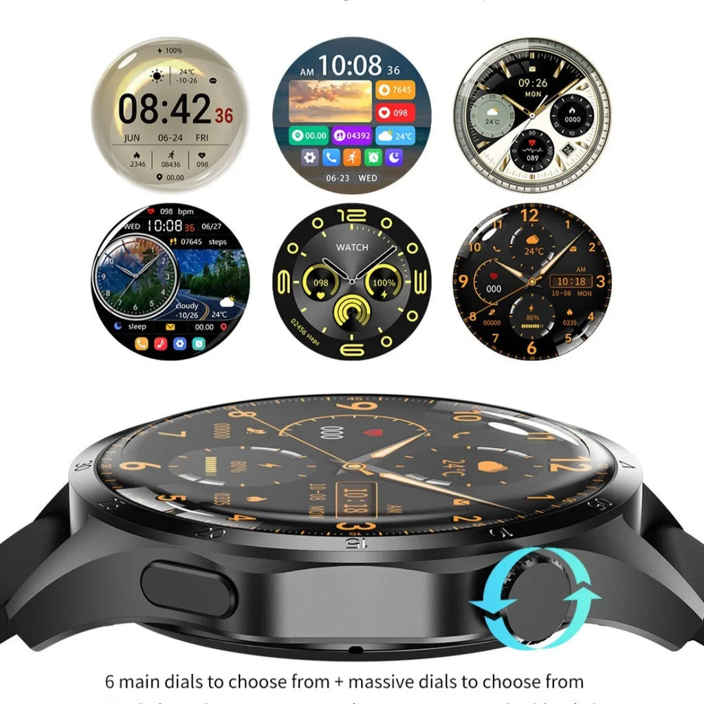 Black Bluetooth smartwatch with touchscreen showing health stats, available with silicone or Milan mesh strap.