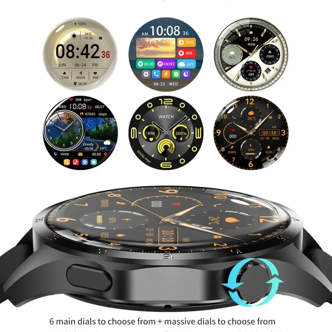 Black Bluetooth smartwatch with touchscreen showing health stats, available with silicone or Milan mesh strap.