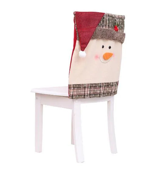 Christmas chair covers set featuring Santa Claus, Snowman and Santa hat designs for holiday dining chair decoration