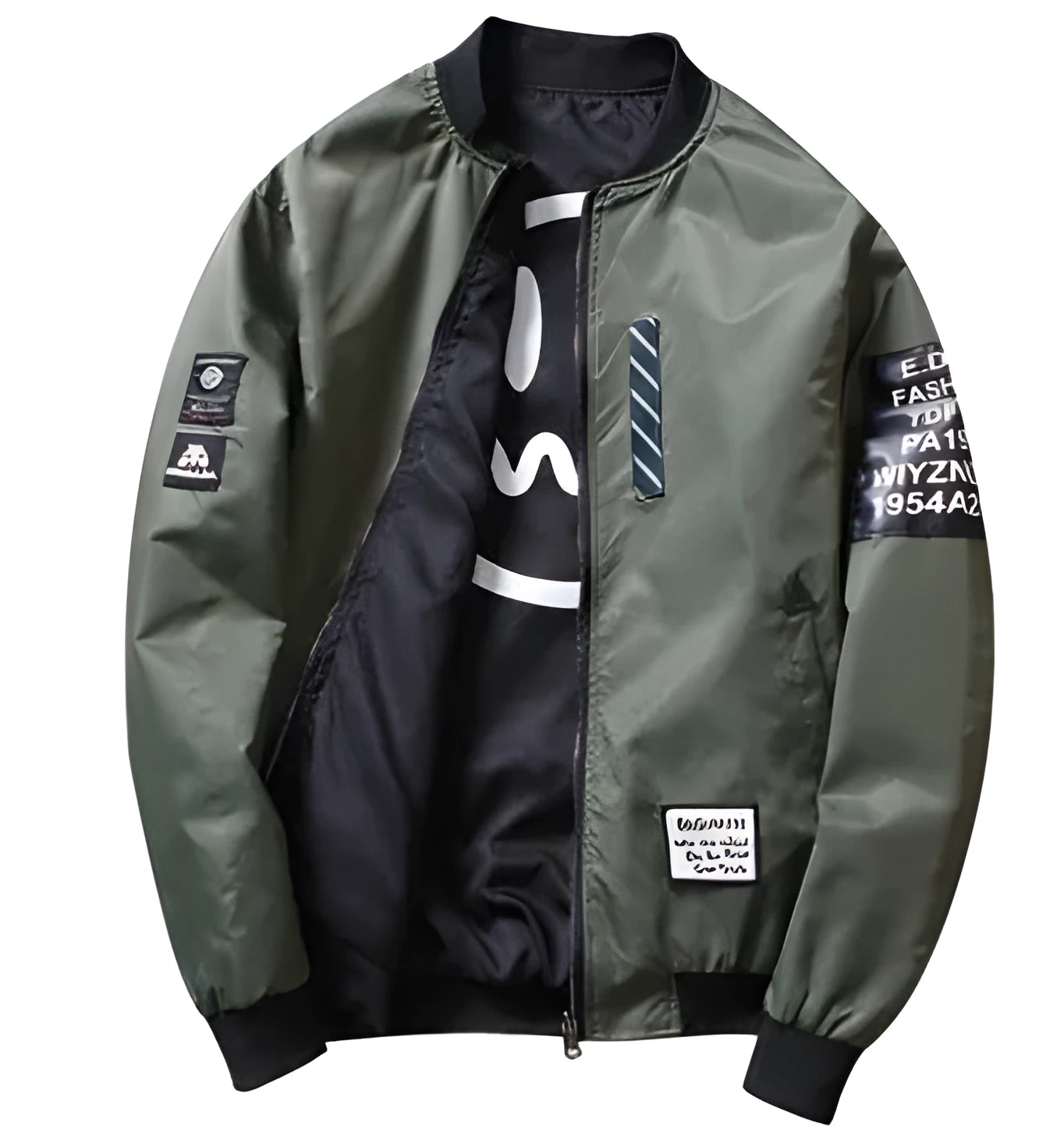Reversible men's casual bomber flight jacket shown in black, blue, and green colour options with a stripe pattern.