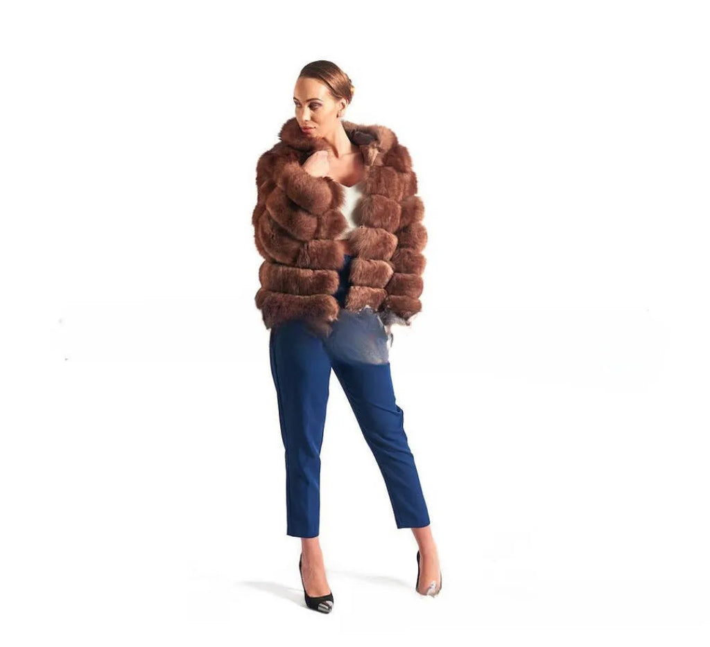 Women's artificial fur hooded coat in street fashion style showing brown and white silver fox colour options