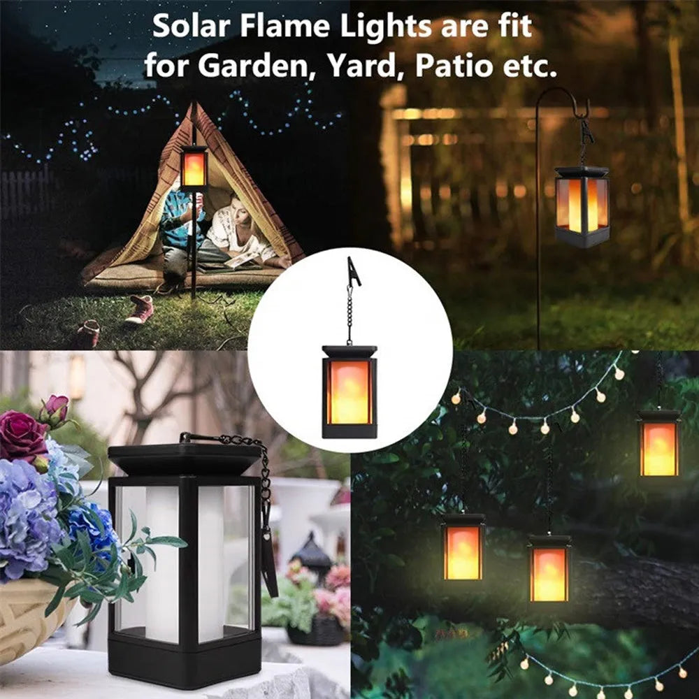 Black antique flame styled outdoor solar LED garden lamp with solar panel on top.