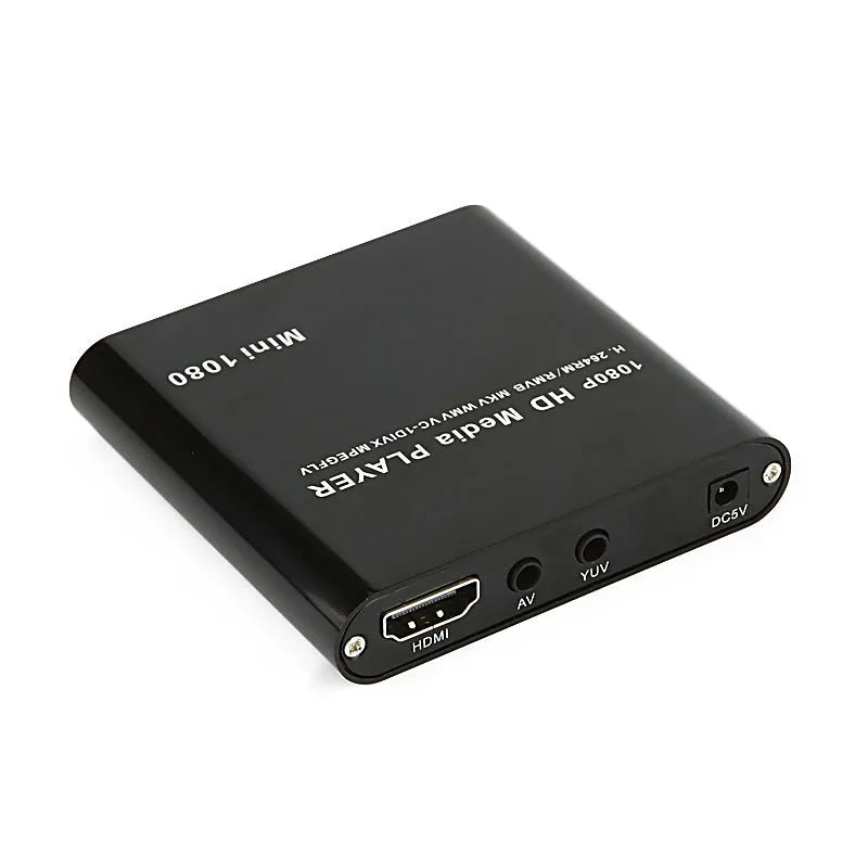 Compact black HDMI media player with USB port and remote control for 1080P video playback