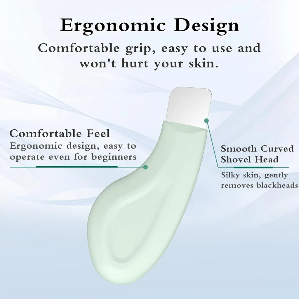 Green silicone-tipped stainless steel facial pore scraper tool with a non-slip handle.