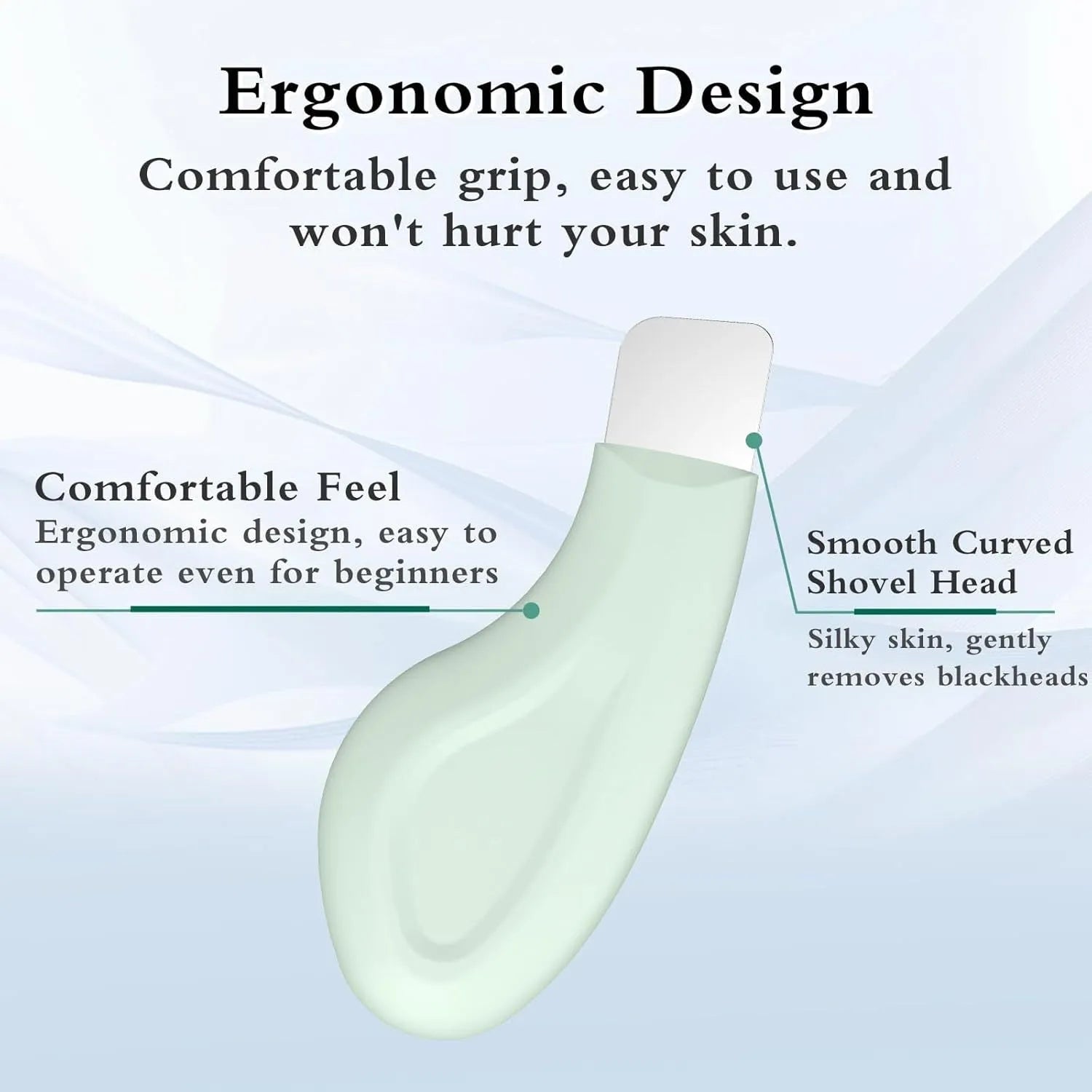 Green silicone-tipped stainless steel facial pore scraper tool with a non-slip handle.