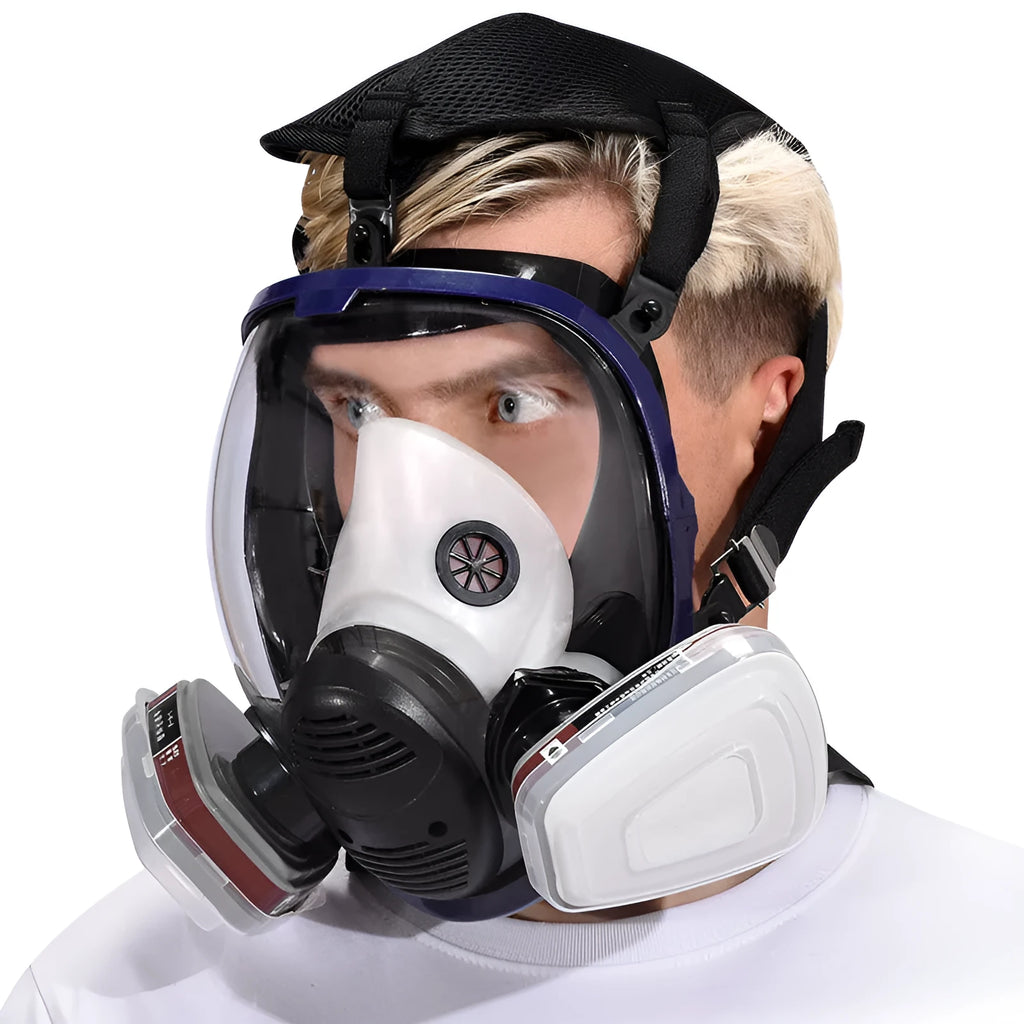 Blue edge spherical full face gas mask with trapezoidal canister and silicone seal