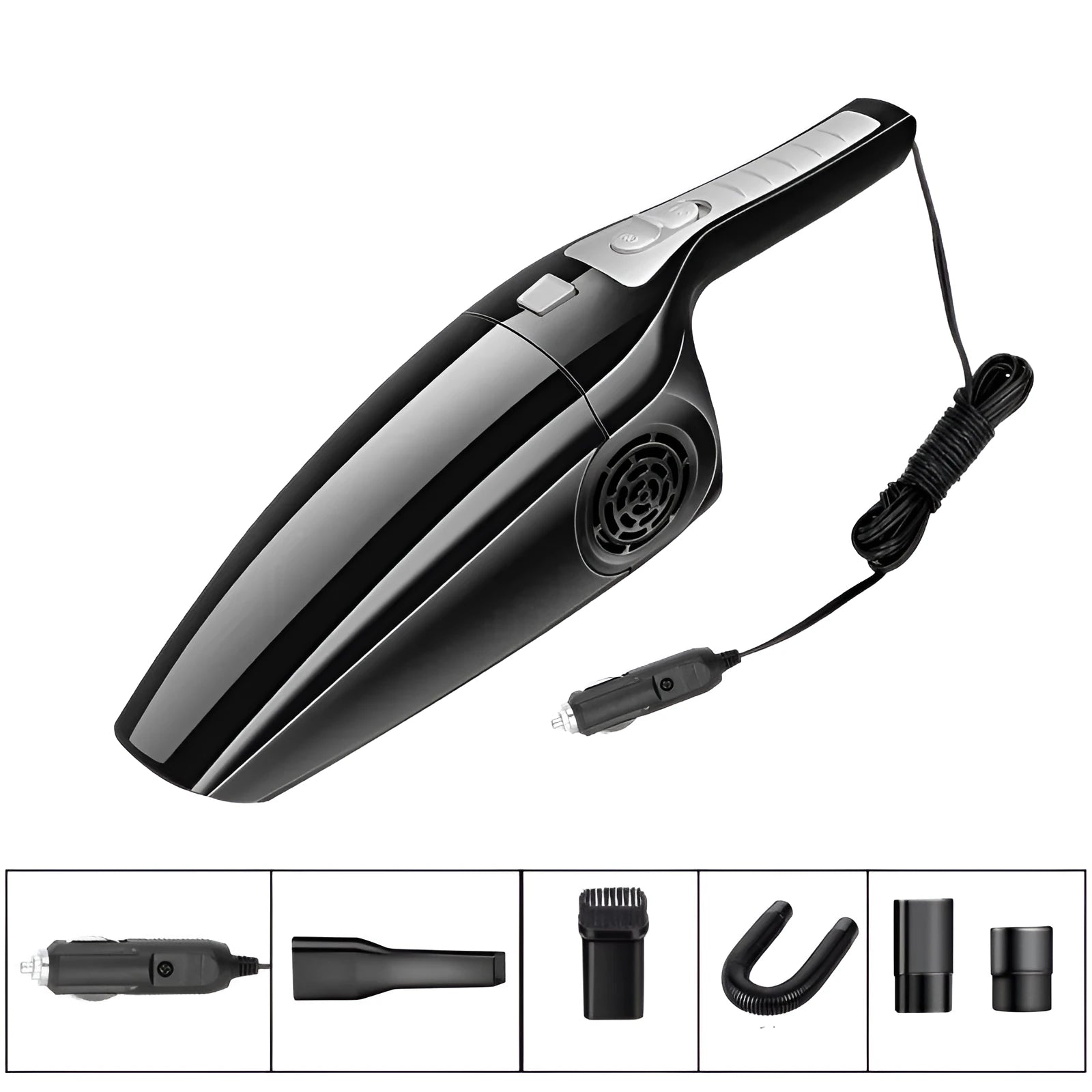 Black Hypa car vacuum cleaner with cigarette lighter power cable and compact design
