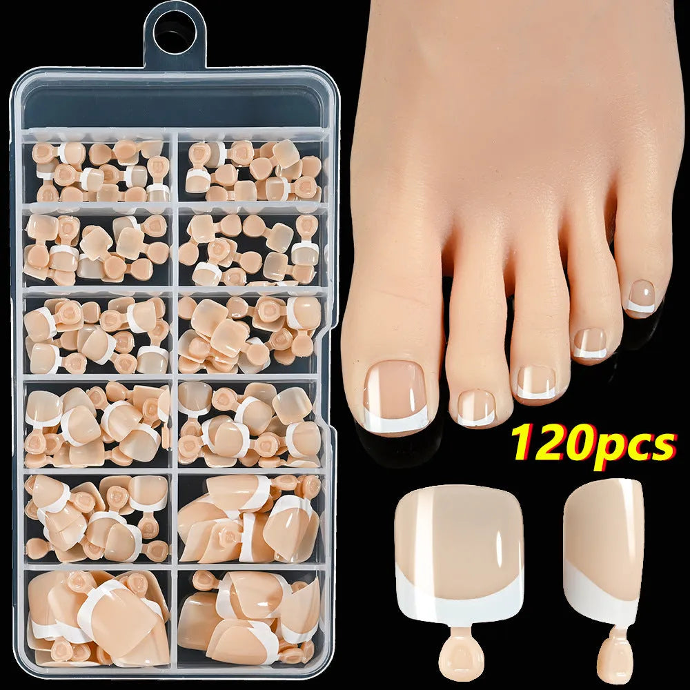 Box of 120 square short false nail pieces with French white edge design in nude colours